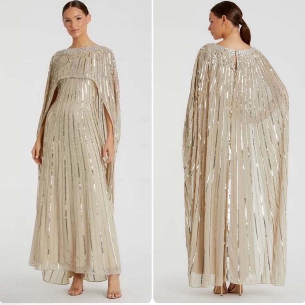 Mac Duggal Gold Sequin Cape-Overlay Maxi Dress